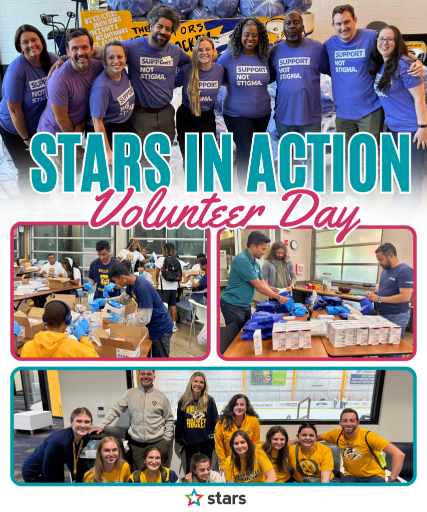 Volunteers participating in STARS Nashville's Stars in Action Volunteer Day, supporting the community through hands-on service projects.